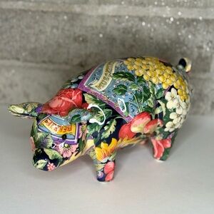 Whimsical Floral & Fruit Ceramic Pig Figurine Decor – Approx 8” Long